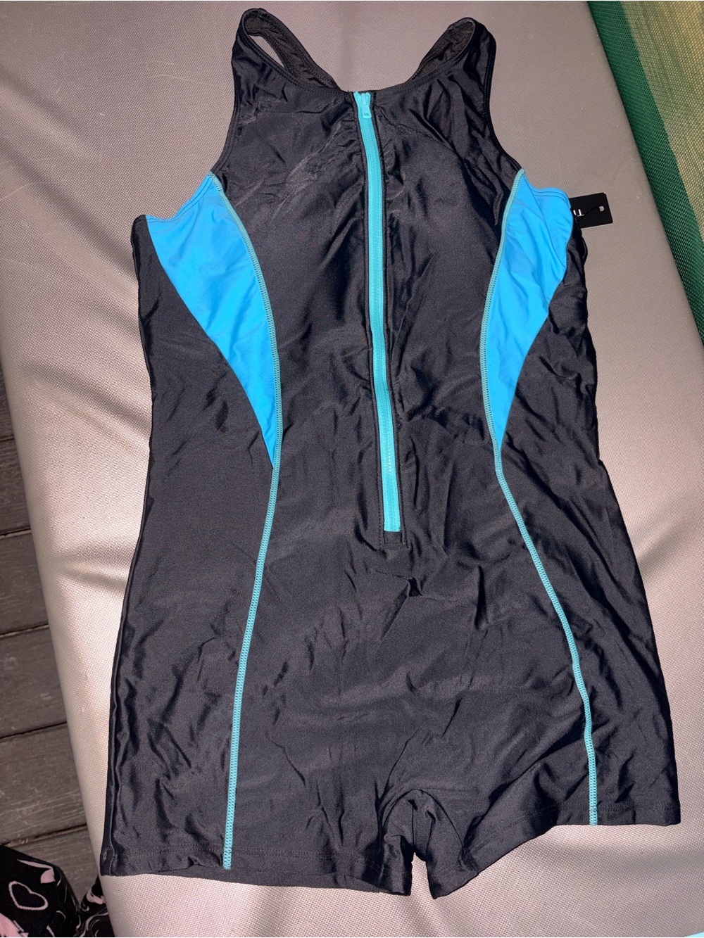 Black One-Piece Athletic Swim Suit with Teal Accents